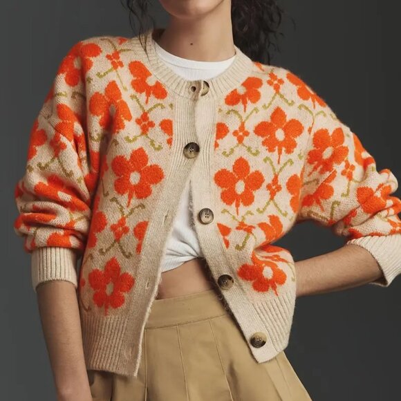 Floral Jacquard Cardigan Orange Beige - Picture 2 of 4